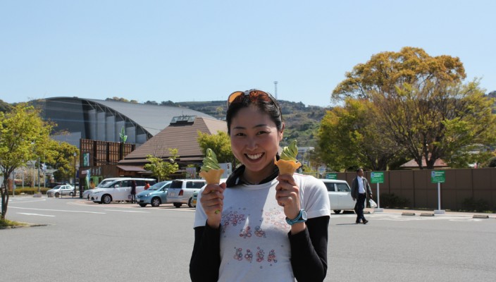 Happy with green tea ice cream! in Nagasaki, Japan