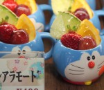 Fruit and flan in Doraemon cups